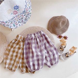 Girls summer cotton plaid knee length pants Korean style loose all-match cool soft trousers 210615