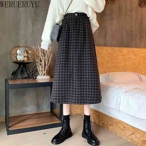 WERUERUYU Vintage xadrez Tweed Saia Mulheres Midi Long Wool Cintura alta A linha Negócios Trabalho Outfits 210608