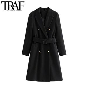 TRAF Women Fashion With Belt Double Breasted Woolen Coat Vintage Long Sleeve Pockets Female Outerwear Chic Overcoat 210415