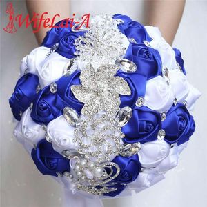 Bröllopsblommor Wifelai-A 21cm Big Crystal Bridal Bouquet Handgjorda Royal Blue White Ribbon Rose Buketter Buque Noiva W228