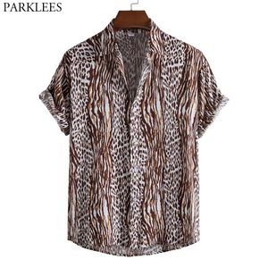 Sexig Leopard Print Hawaiian Aloha Tröja Män Casual Short Sleeve Button Down Beach Wear Male Party Semesterkläder Chemise 3XL 210522