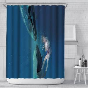シャワーカーテン12フック付きの甘いクジラのカップルカーテンバスルーム装飾防水ポリエステル