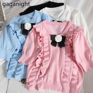Gaganight Sweet Women вязание с короткими рукавами летняя футболка o шеи лук оборками мода девушки футболка рубашка шикарный корейский 210519