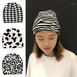 Winter Soft Fashion Warm Zebra Cow Leopard Printed Beanie Hat Cap For Women Cycling Caps & Masks