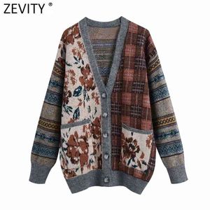 Women Vintage Patchwork Print Crochet Cardigans Sweater Ladies Chic Retro Pockets Knitting Casual Loose Tops CT672 210416