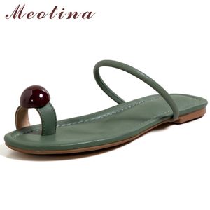Meotina Kvinnor Äkta Läder Sandaler Flip Flop Runda Toe Flat Slides Casual Ladies Slippers Beach Shoes Green Brown 40 210520