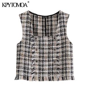 Moda damska z postrzępionym wykończeniem Tweed Sprawdź kamizelkę Vintage kwadratowy kołnierz bez rękawów żeński kamizelka płaszcz szykowne topy 210416