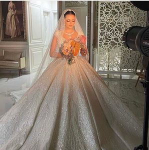 Designer Bridal Gowns Sequins Crystal V Neck Cap Sleeve Pleated Ball Gown Puffy Wedding Dresses Custom Made Vestidos De Novias