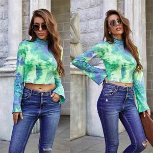 Frauen kurze Tops Herbst Krawatte Dye Print Slim Bustier Crop Top Casual Turtheneck Flare Langarm Damen Sexy T-Shirt 210522