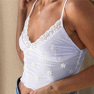 Weiße Spitze Sexy ärmelloses Spaghettiträger-Top Sommer bedrucktes rückenfreies Cami-Crop-Top für Damen mit V-Ausschnitt, bedruckter V-Ausschnitt G220228