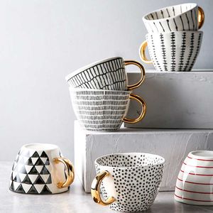 Creative Geometric Ceramic Mugs With Gold Handle Handmade Coffee Cups Irregular Shaped Tea Milk Mug Cup Unique Gifts Home Decor