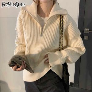 FORYUNSHES Primavera Autunno Bianco a maniche lunghe con cerniera Maglione lavorato a maglia coreana Pullover spesso lavorato a maglia dolce beige Top 210709