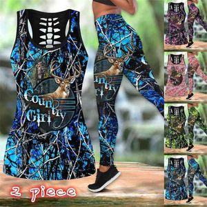 Set da yoga in due pezzi Set da donna con stampa cervo Tute sportive Leggings a vita alta e canotte Set da salotto per allenamento in palestra estivo Abiti 210802