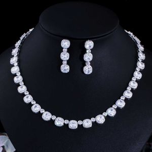 CWWZircons Full Square Cubic Zirconia Paved White Gold Color Luxury Women Wedding Necklace Bridal Party Dress Jewelry Sets T577 H1022