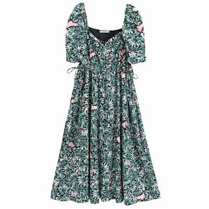 Vintage Elegant Green Floral Side Bow Tie Long Dress Women Sexy Hollow Out Square Collar Dress Casual Ladies Chic Vestidos 210520