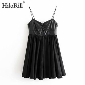 Black PU Leather Patchwork Mini Dress Women Spaghetti Strap Pleated Party es Sexy Sleeveless Backless Short 210508