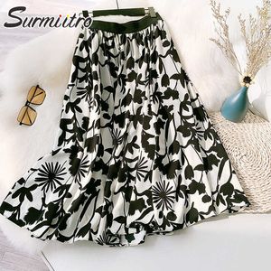 SURMIITRO Midi Long Skirt Women Summer Korean Style White Black Floral Print High Waist Mid-Length Pleated Skirt Female 210712