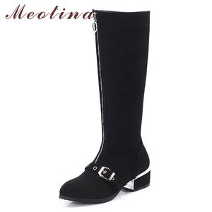 Diz-Yüksek Çizmeler Kadın Ayakkabı Toka Orta Topuk Uzun Sivri Burun Bloğu Topuklu Fermuar Bayanlar Kış Siyah Boyutu 43 210517
