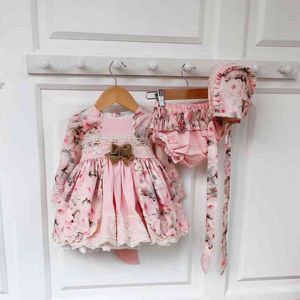 3 pcs bebê menina outono rosa rosa rosa vintage espanhol lolita vestido de princesa dres com calças chapéu menina aniversário natal g1218