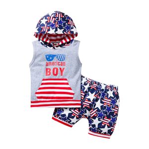 Independence Day boys' clothing set summer striped letter star printed hooded top shorts America flag children's wear M3453