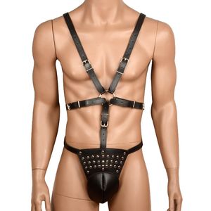 Wholesale male bondage clothing for sale - Group buy Male Bondage Chastity Trousers SM Bondage Adult Sex Products Fun Pants Dildo Bound Strap on PU Leather Clothes Sex Toys for Men Y0406