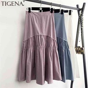 TIGENA Cotton Pleated Skirt Women Fashion Summer Casual Solid A Line High Waist Midi Long Female Black White Purple 210629