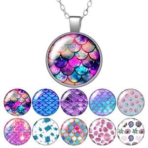 Colorful Fish Scales Conch Shell Sea Round Pendant Necklace 25mm Glass Cabochon Silver Plated Jewelry Women Birthday Gift 50cm