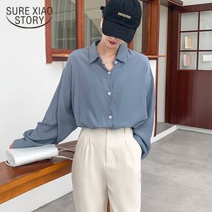 Autumn Winter Solid Womens Tops and Camisas Mujer Button Shirts Turn-down Collar Silky Blouses 6317 50 210417