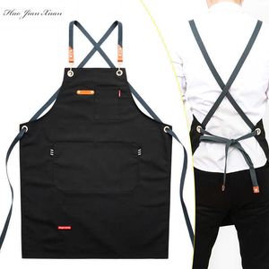 男性キャンバスブラックエプロンBIB調節可能な調理キッチンエプロンのためのファッションユニセックスワークポケット210622