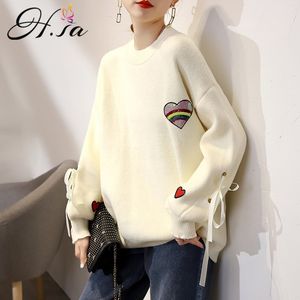 H.SA Kvinnor Vintertröja och Pullovers Sleeve Bow Heart Broderi Oversized Sweater Jumpers Loose Korean Winter Pull Sweater 210716