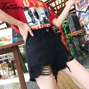 Tataria Hole Ripped Jeans Shorts for Women Worn Loose Black Sexy Summer Casual Wide-leg Harem Denim 210514