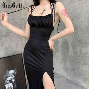InsGoth Spaghetti Strap Sexy Black Dress Goth Bodycon High Waist Slit Dress Women High Street Backless Party Club Wear Dresses Y1204
