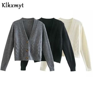 Klkxmyt Za Women Fashion Twist Knot Cropped Knitted Cardigan Sweater Vintage V Neck Long Sleeve Female Pullovers Chic Tops 210527