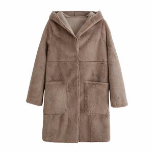 Streetwear Donna Solid Faux Fur Cappotti Fashion Ladies Button Cappotto allentato Causale Femminile Chic Pocket Cappotto con cappuccio 210427