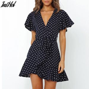 Yaz Boho Lacivert Baskılı Mini Elbise Kadın V Boyun Tatil Plaj Elbiseler Bir Çizgi Kısa Kollu Fırfır Wrap Elbise Vestidos 210514