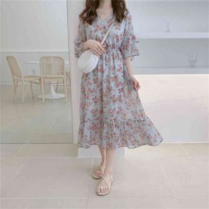 Plus Size Summer Dress Girls Boho Party Kvinna Vintage Chiffon Blå Rosa Tryck Kortärmad Kvinnor Es Longrobe Vestido 210423