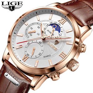 Relogio Masculino LIGE Men Watches Fashion Leather Waterproof Luminous Top Brand Luxury Mens Moon phase Quartz Clocks 210517