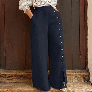 Kadınlar Gevşek Bölünmüş Geniş Bacak Pantolon Pantolon Bahar Katı Renk Elastik Yüksek Bel Rahat Tek göğüslü Streetwear Pantolon 210416