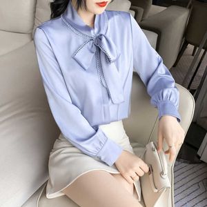韓国の女性のシャツのシルクブラウス長袖サテントップス女性弓ホワイトブラウスプラスサイズトップ210604
