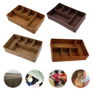 5 Girds Grande Seagrass Storage Box Sundries Container Case Handmade Basket Kitchen Organizer for Home Office Supplies 210922