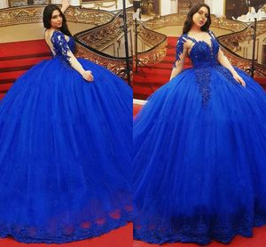 2023 Fantastiska Quinceanera -kl￤nningar Royal Blue Sheer Long Sleeve Jewel Floral Applique P￤rlkulkl￤nningar Princess Prom Sweet 16 Dress