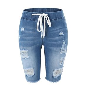 Sommer Denim Ripped Bermuda Shorts Frauen Blau Kordelzug Verschluss Distressed Knie Länge Stretch Kurze Jeans 210724