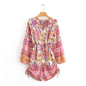Women Floral Print Bohemian Jumpsuits Rompers Summer Tassel Neck Drawstring Ruched Boho Beach Romper Playsuits Holiday Seaside Short Jumpsuit Overalls