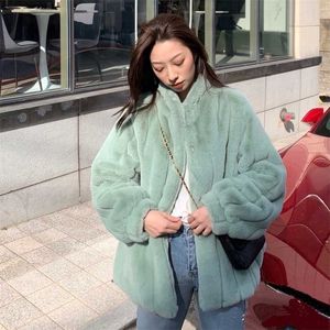 Koreansk version av imitation mink päls Kvinnlig päls kappa Stand-krage randig plysch coat 211110