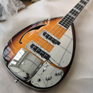 4 سلاسل Sunburst Tear Drop Vox Phantom Electric Bass Guitar نصف مجوف الجسم ، فتحة واحدة F ، ترصيع بلوك كبير ، غطاء جسر كبير