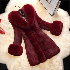 Winter Faux Fur Coat Kvinnor Tjocka Outwear Kvinna Lång Fake Fur Collar Jackor för Dam Slim Elegant Varm Coat 210816