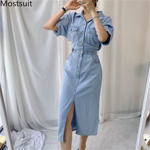 秋の青い韓国のデニムロングドレス女性半袖シングルブレスト弾性ウエストの分割ドレスvestidos femme 210513