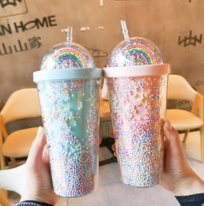 450ML Rainbow Cup Mugs Double Plastic with Straws PET Material for Kids Adult Girlfirend Gift Products xc1
