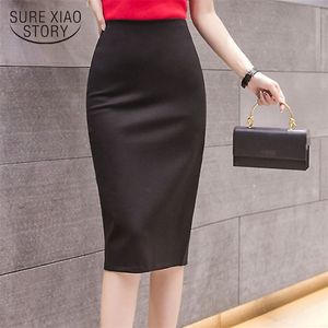 Elegant midi penna kjol hög midja för arbete stor storlek 4xl 5xl slit svart röd elastisk chic ol bandage s 11023 210510