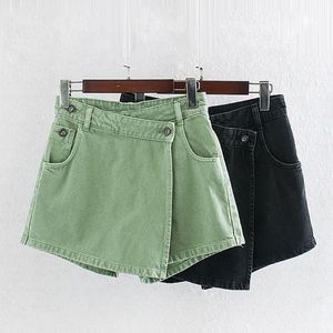 Kvinnors shorts kvinnor hög midja asymmetrisk stil denim vintage tvättade fast färg mini jeans wrap kjol oregelbundna smala passformar med